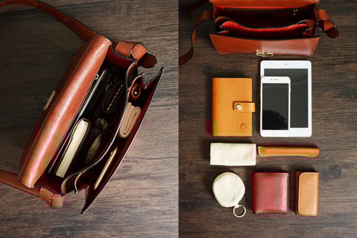 Image of Custom Handmade Vegetable Tanned Italian Leather Satchel Bag Shoulder Bag Women Pouch Bag D048