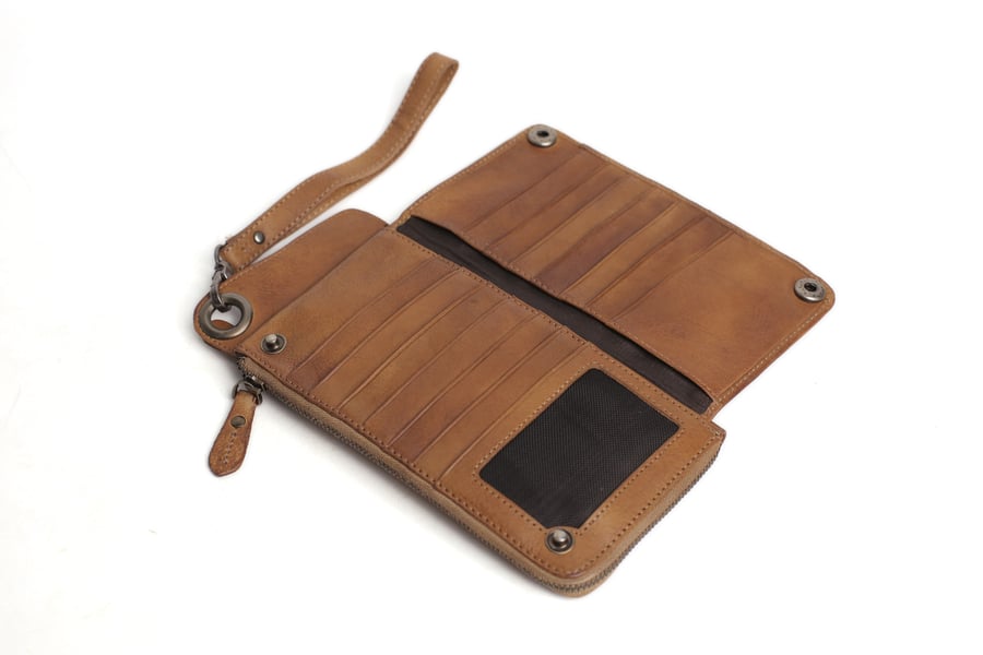 Image of Handmade Vegetable Tanned Full Grain Leather Wallet, Long Purse, Button Clutch 9028